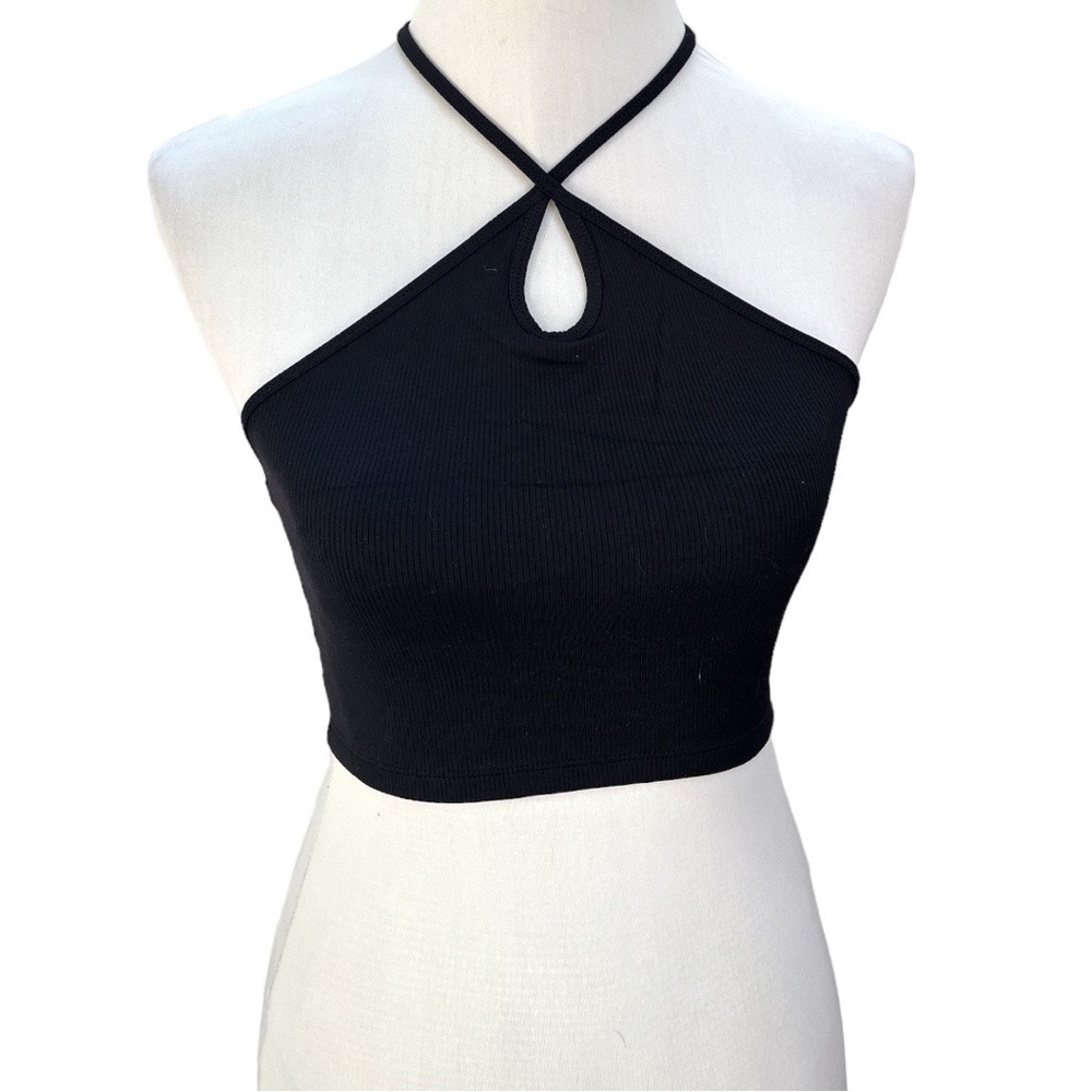 Zara Ribbed Keyhole Cropped Top Black Size Medium